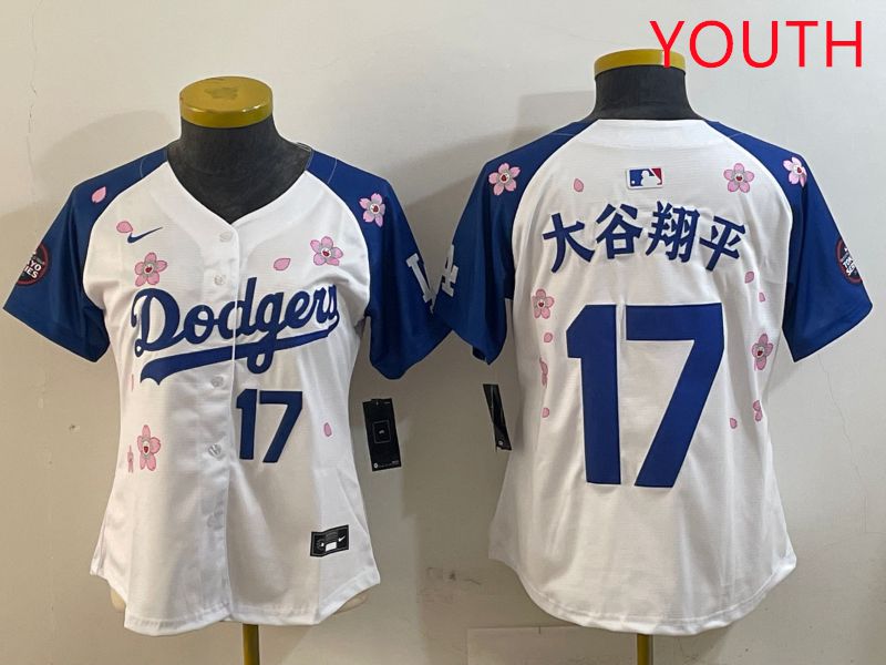 Youth Los Angeles Dodgers #17 Ohtani White Blue Sakura Edition 2025 Nike MLB Jersey style 11->youth mlb jersey->Youth Jersey